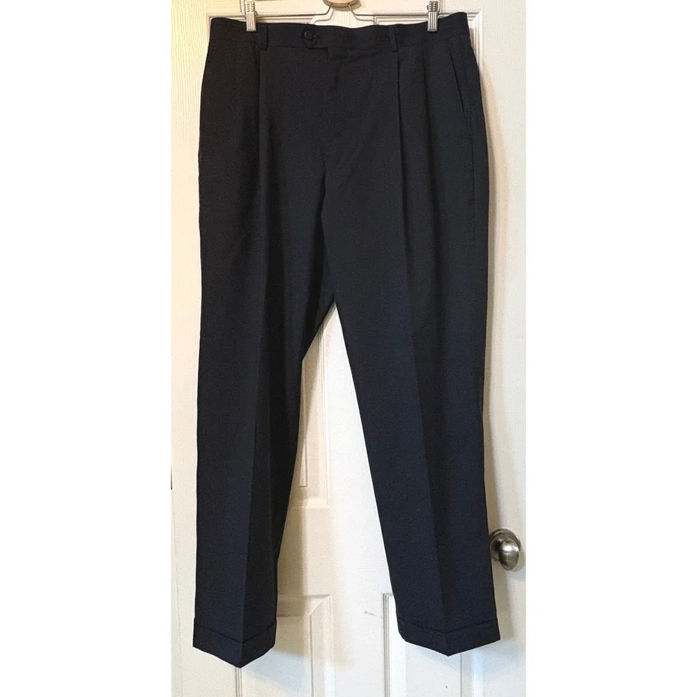 Louis Raphael Tailored Dress Pants Mens 38x32 Navy Wool Pleated‎ Cuffed